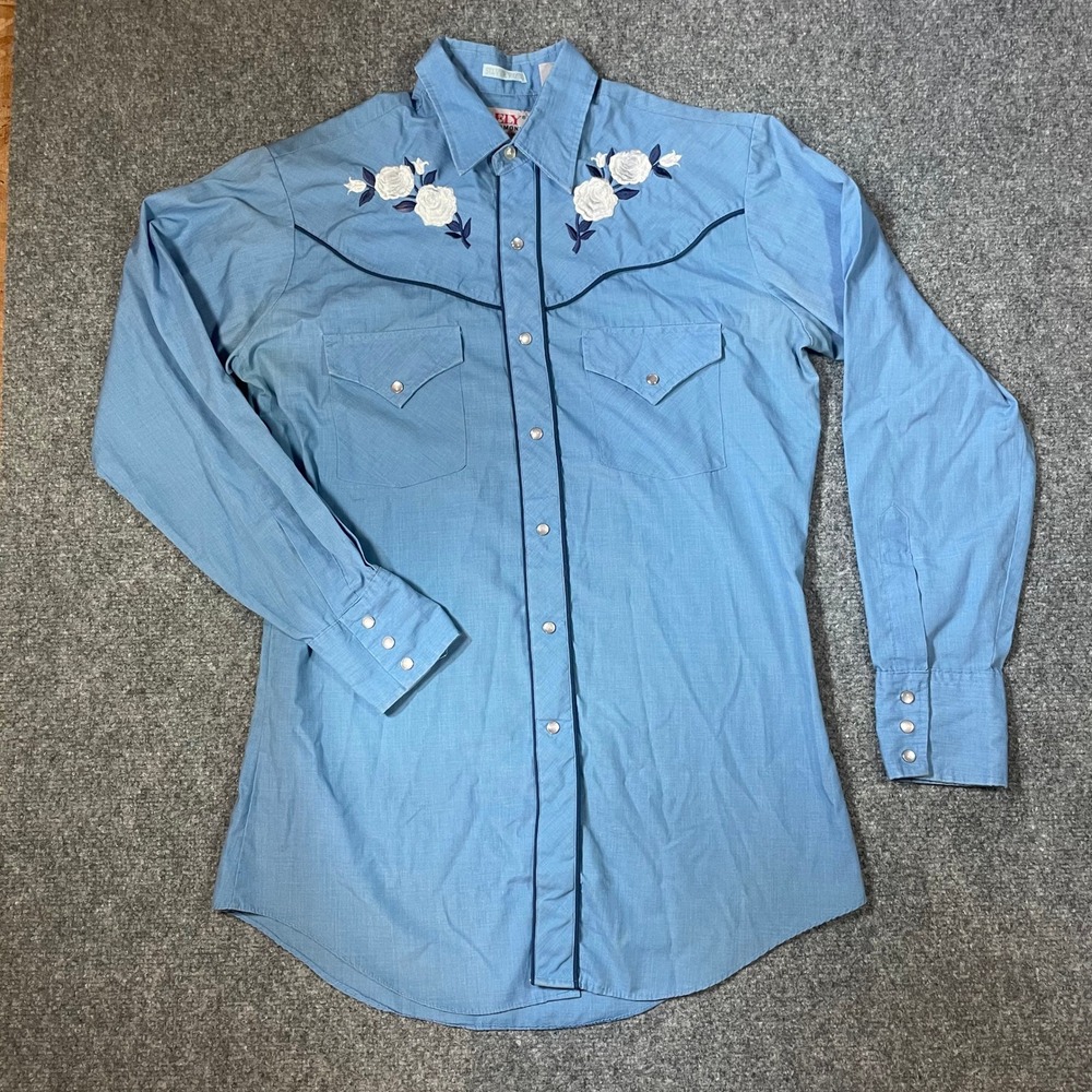 Ely Diamond Western Shirt Small Blue Pearl Snap Silver Rose Embroidered